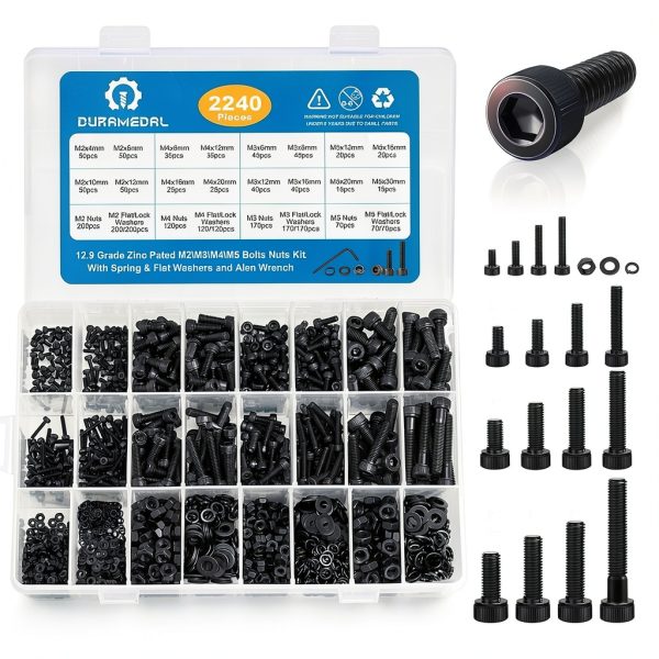 2240PCS Metric Screw Assortment,M2-M5 Metric Screw Kit, Hex Socket Metric Bolts, Metric Machine Screws 12.9 Grade Alloy Steel,Black Zinc Plated,Free Allen Head Wrench-0
