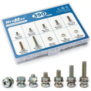 390Pcs M4 x 5mm /6mm /8mm /10mm /12mm /16mm /20mm, M4 Phillips Pan Head Machine Screws Washers Nuts Assortment Kit, Metric 304 Stainless Steel Pan Head Fully Machine Thread Screws Bolts-0
